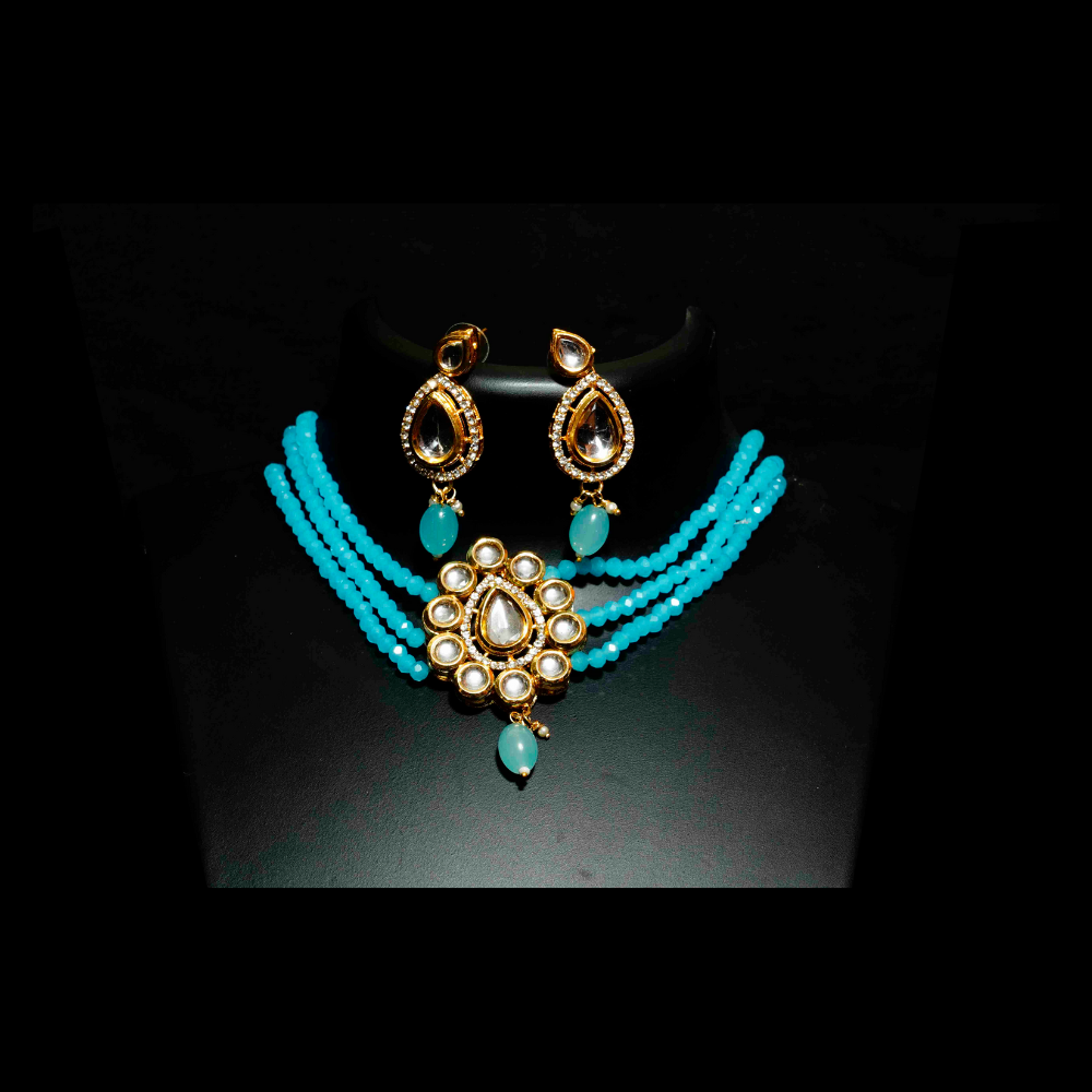 Blue 3 Layers Chocker and White Big Rain Drop Kundan