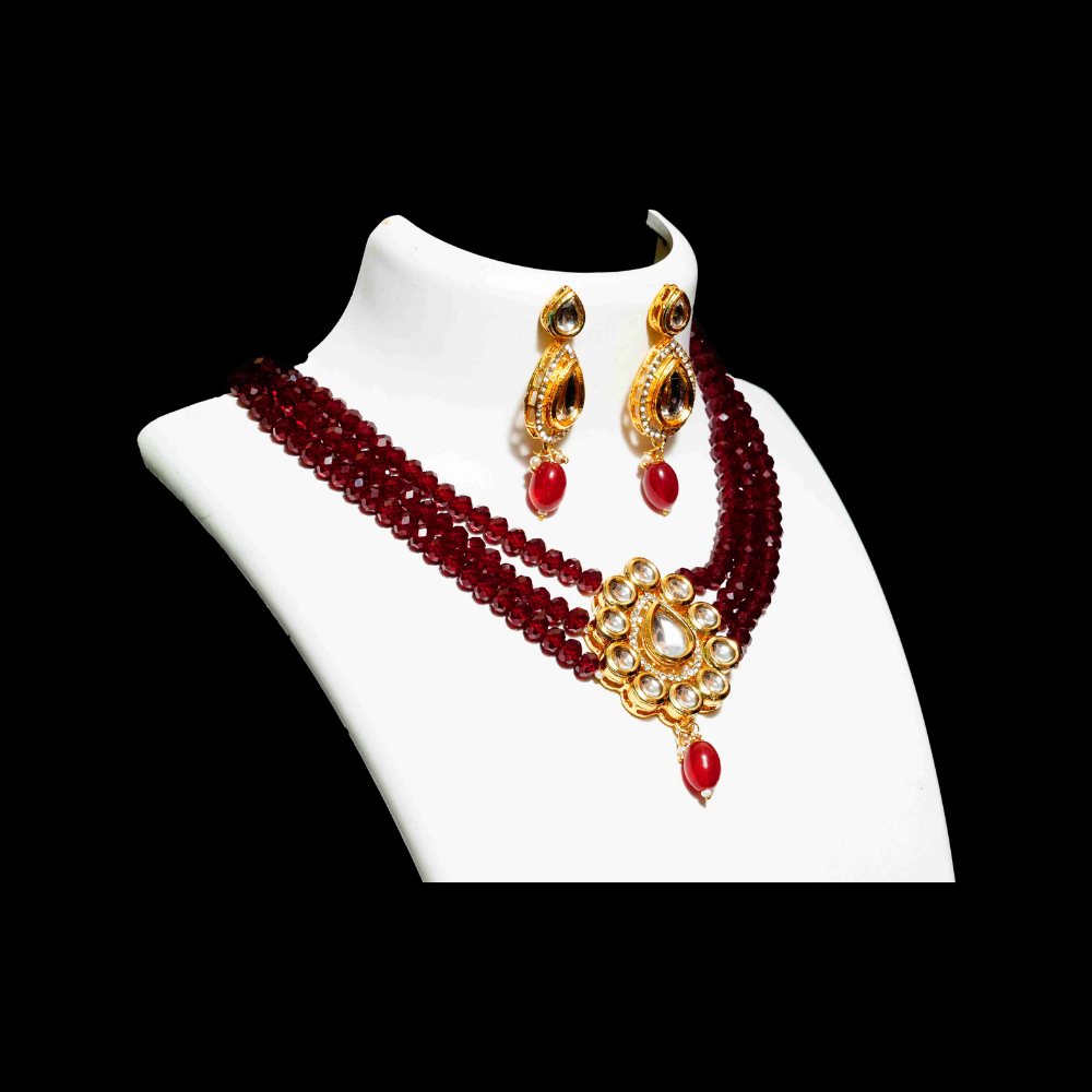 Maroon 3 Layers Chocker and White Big Rain  Drop Kundan