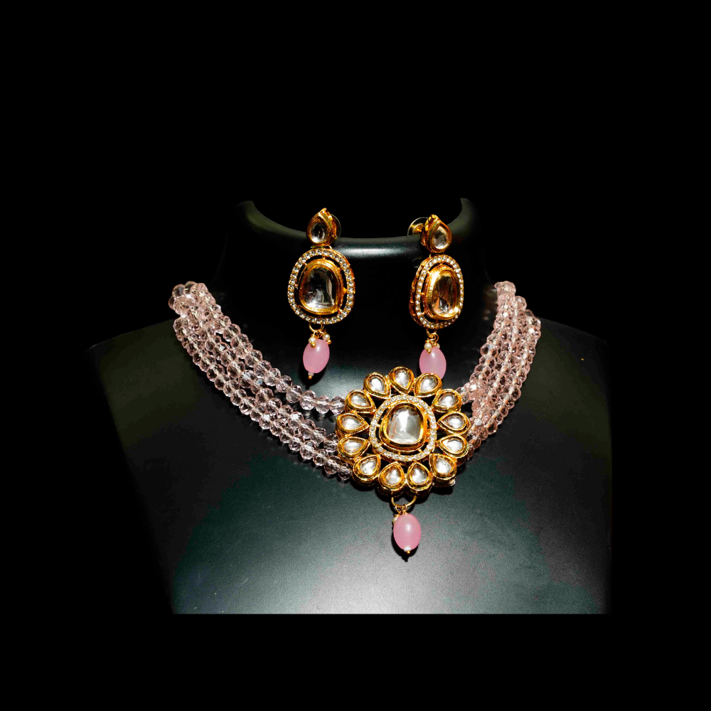 Pink 3 Layers Chocker and White Round Kundan