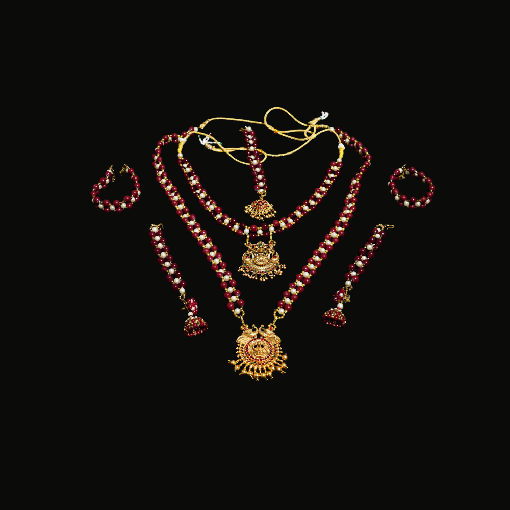 White and Maroon Colour Round Lakshmi Pendant